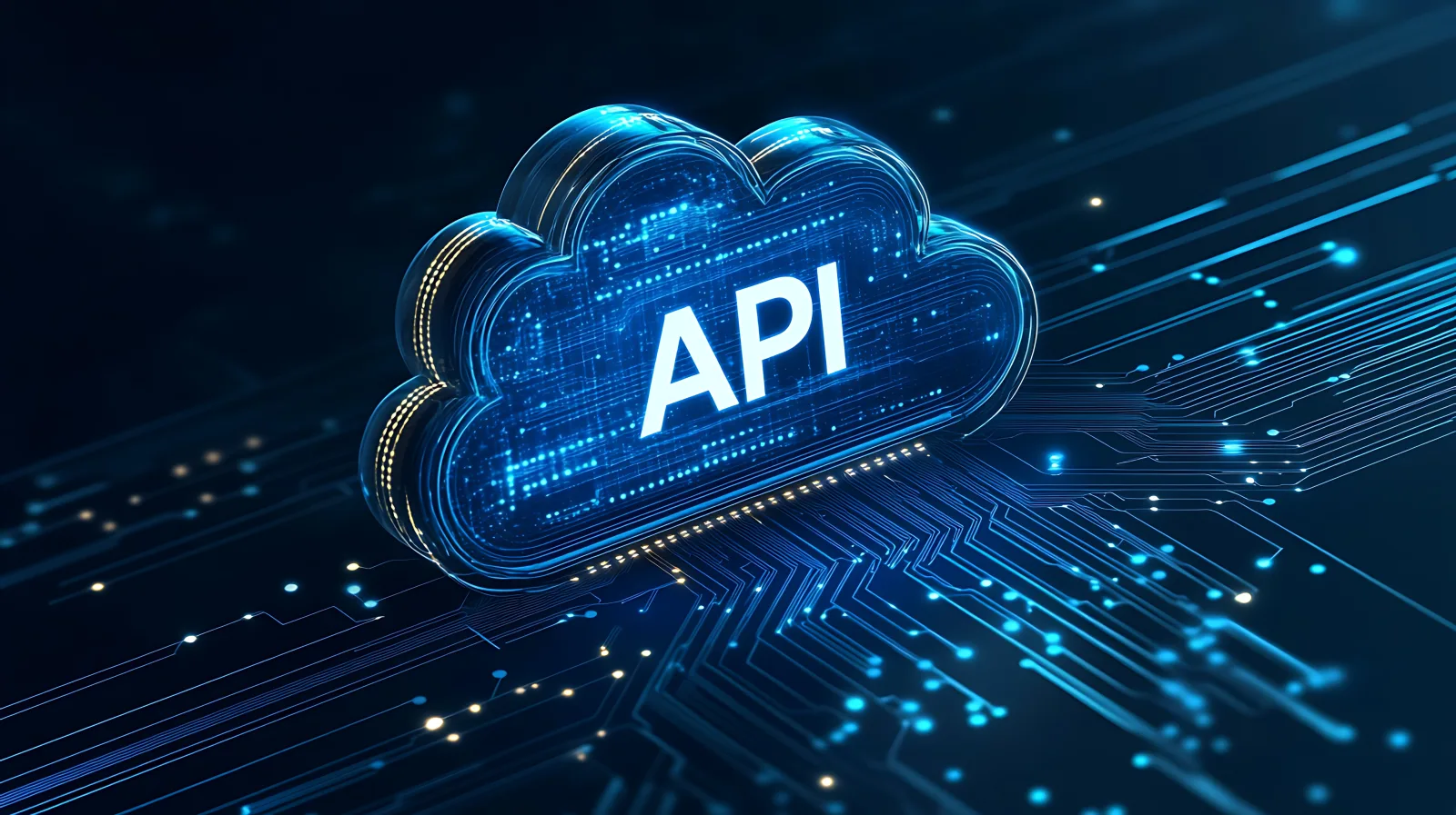 Icône de nuage bleu brillant contenant le mot API connecté à un circuit imprimé de technologie numérique