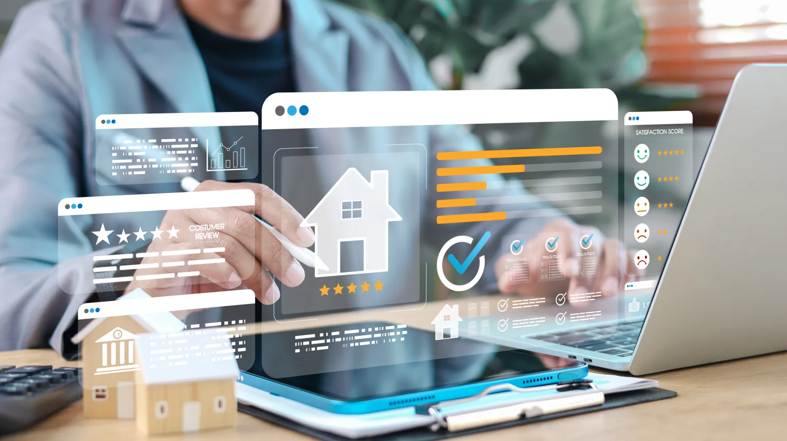 Un professionnel utilise une tablette affichant des données immobilières virtuelles à côté de son ordinateur
