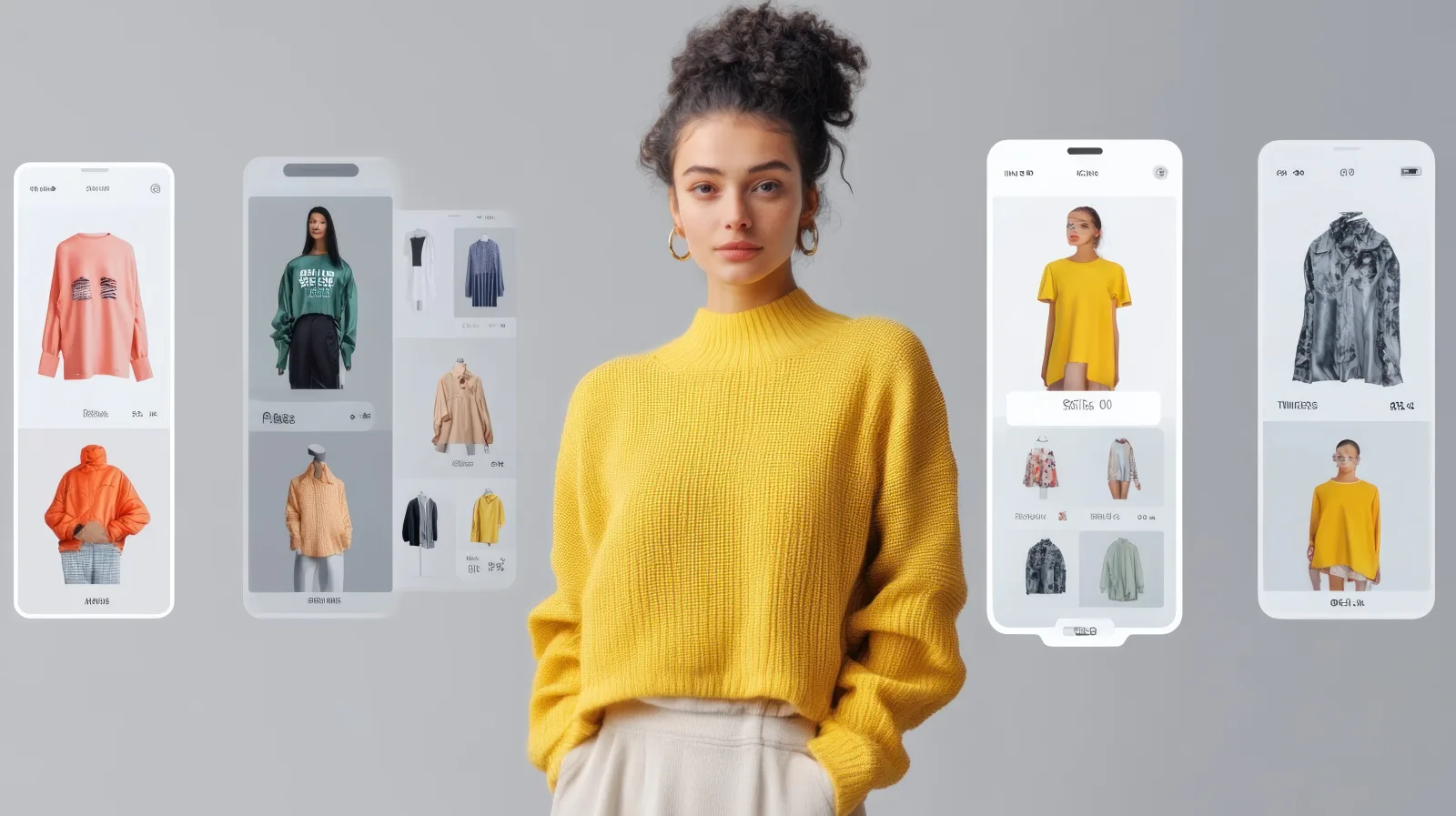 Une femme en pull jaune devant des écrans de smartphones affichant des vêtements pour illustrer Google Lens
