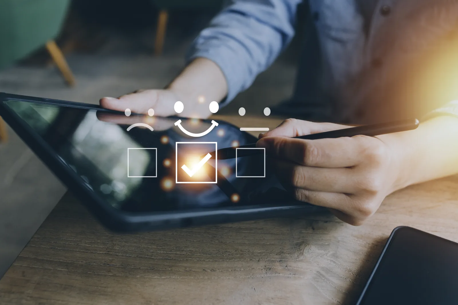Une personne utilise un stylet sur une tablette affichant des icônes de satisfaction client