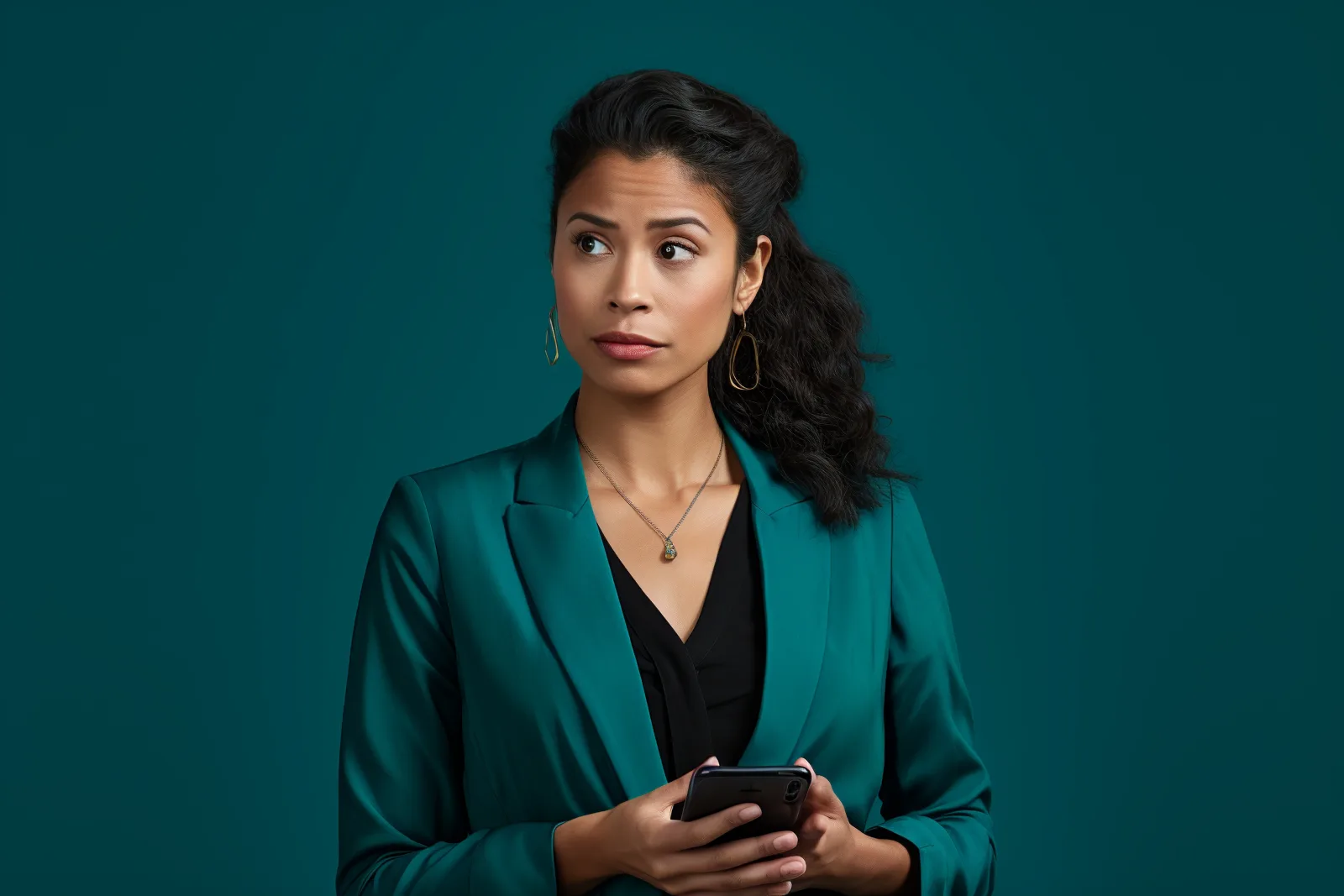 Femme d'affaires en veste verte tenant son smartphone avec un air pensif sur fond bleu